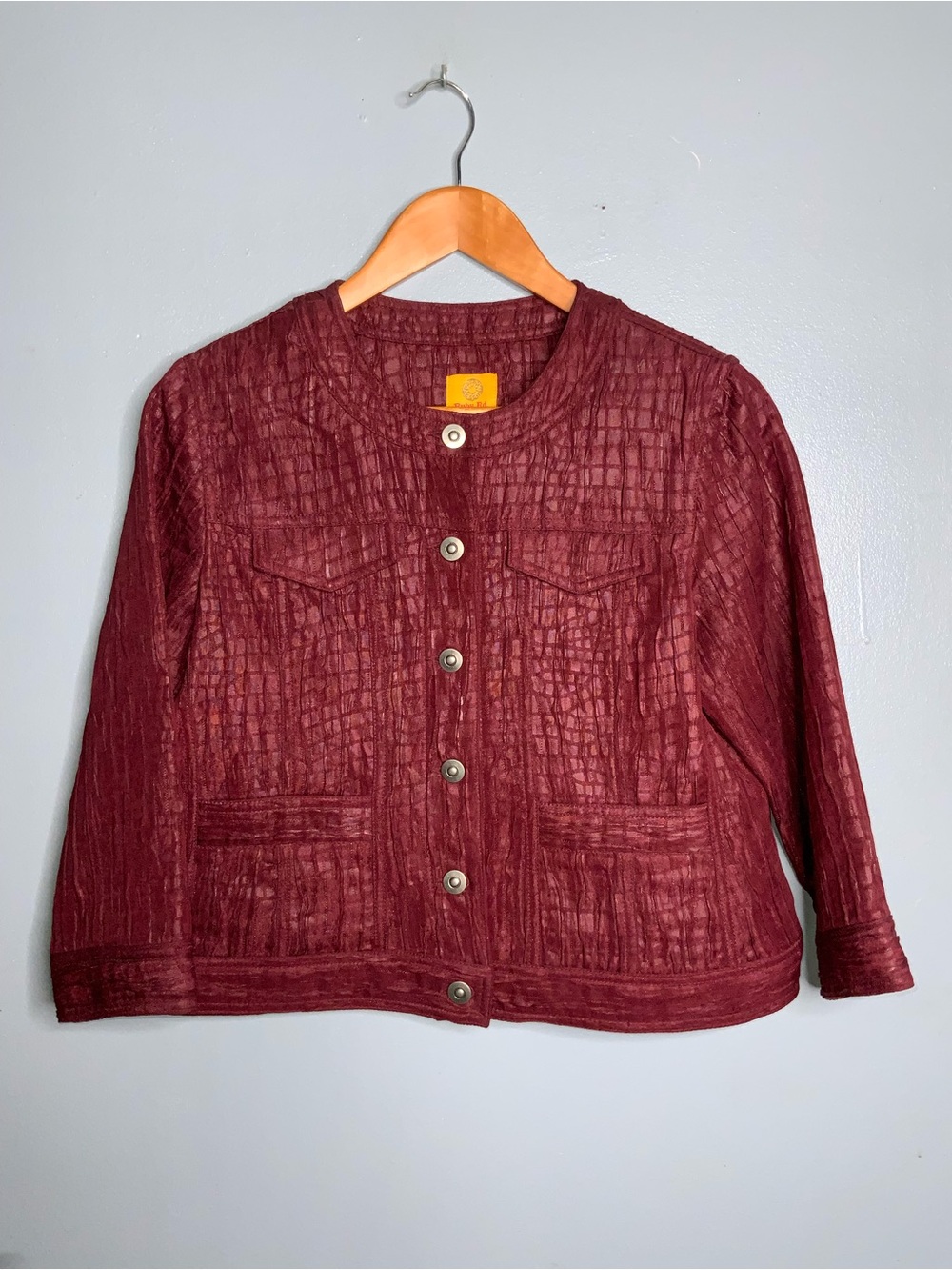 Ruby Rd. Textured Crinkle Button-Front Jacket in Burgundy 8P - Picture 2 of 10